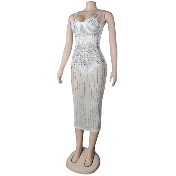 Fashion Mesh Rhinestones details midi Dress new size XXL, 3XL Strech Material. - Picture 7 of 9